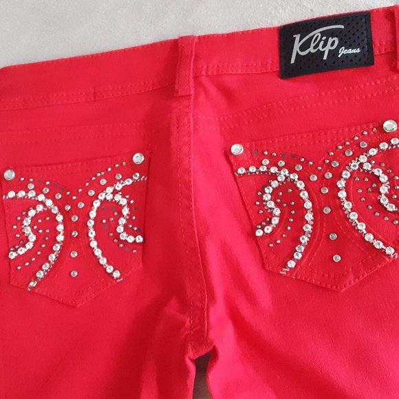 Klip Rhinestone Red Denim Jeans Sz 7 - Picture 1 of 10